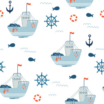 Ship Seamless Pattern. Marine Background with fishing Ship, fish, anchor, steering wheel and waves. For fabric, children’s clothing, background, textiles, wrapping paper. Vector illustration