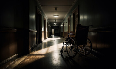 Plakat Old-style wheelchair in the hospital corridor. Abandoned building with forlorn rooms. Generative AI.