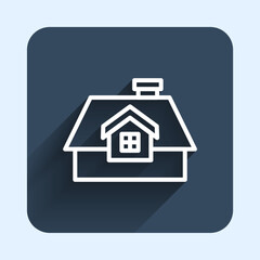 White line House icon isolated with long shadow background. Home symbol. Blue square button. Vector