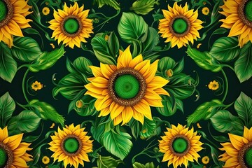 Fototapeta na wymiar A summer-perfect backdrop featuring green-leaved sunflowers in full bloom. Generative AI