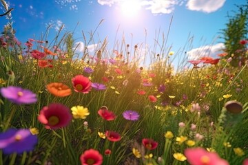 Obraz premium Vivid and bright flowers in a field with photorealistic landscapes in spring and summer. Help save the planet! Generative AI