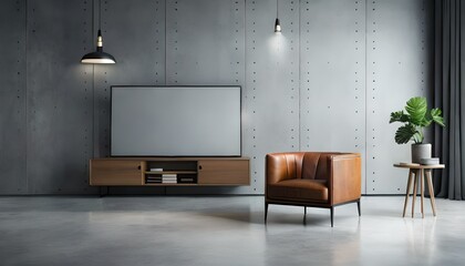 Mockup TV Displayed in a Sleek Living Room Interior with Concrete Wall and Minimal Decor