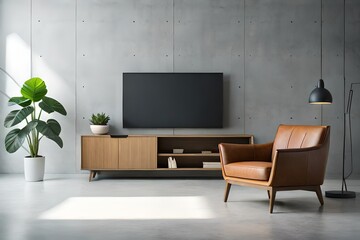 Modern Living Room with Blank TV Mockup on Concrete Wall Cabinet: A Minimalistic Stock Photo