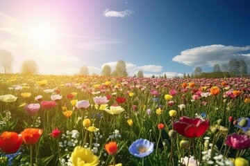 Obraz premium Vivid and bright flowers in a field with photorealistic landscapes in spring and summer. Help save the planet! Generative AI