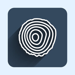 White line Tree rings icon isolated with long shadow background. Wooden cross section. Blue square button. Vector