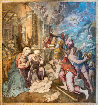 NAPLES, ITALY - APRIL 23, 2023: The fresco of  Nativity - Adoration of Shepherds in the church Chiesa di San Giovanni a Carbonara by unknown mannerist painter from years (1570 - 1575).