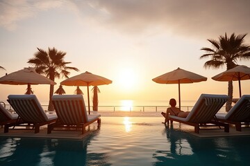 Fototapeta premium People relax on sun loungers near the pool against the backdrop of sunset. Generative ai.