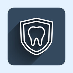 White line Dental protection icon isolated with long shadow background. Tooth on shield logo. Blue square button. Vector
