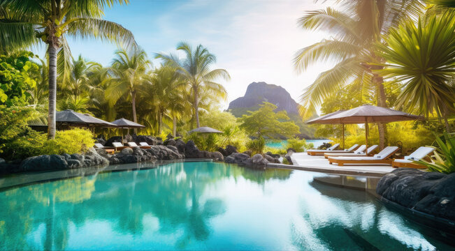 Luxurious and rich vacation on tropical islands, hotel pool against the backdrop of mountains and jungle. Generative ai.