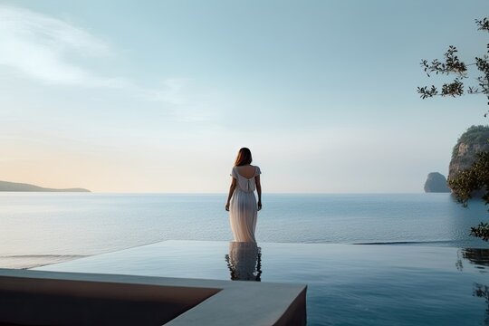 Silhouette of a woman in a dress in a luxurious villa, looking at the sea at dawn. Generative ai.