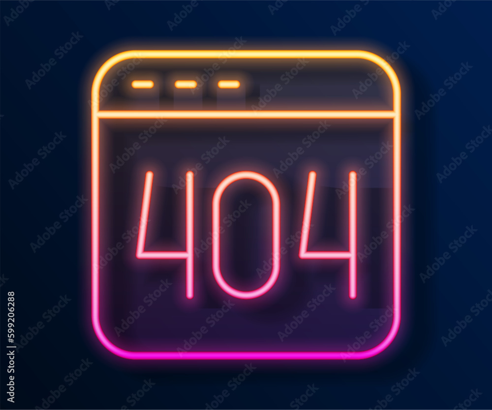 Poster glowing neon line page with a 404 error icon isolated on black background. template reports that the