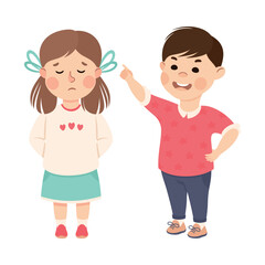 Offensive Boy Bullying and Abusing Unhappy Girl Agemate Pointing Finger and Teasing Her Vector Illustration