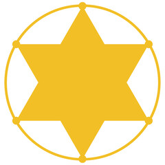 Sheriff's badge icon, yellow golden color six pointed hexagonal star with circle vector. Flat style wild west, police, western, deputy, authority idea concept symbol with isolated background.