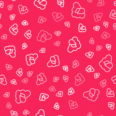 White line Cloud with rain icon isolated seamless pattern on red background. Rain cloud precipitation with rain drops. Vector