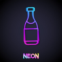 Glowing neon line Champagne bottle icon isolated on black background. Merry Christmas and Happy New Year. Vector