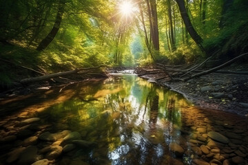 Water stream in a lush forest, with morning sun rays reflecting in the water, representing the peaceful and serene beauty of nature. Ai generated