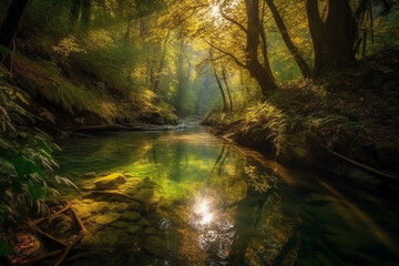 Water stream in a lush forest, with morning sun rays reflecting in the water, representing the peaceful and serene beauty of nature. Ai generated