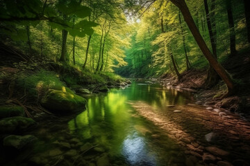 Fototapeta na wymiar Water stream in a lush forest, with morning sun rays reflecting in the water, representing the peaceful and serene beauty of nature. Ai generated