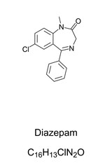 Diazepam, chemical formula and structure. Known as Valium, a medicine of the benzodiazepine family, an anxiolytic, to treat anxiety, insomnia, panic attacks and symptoms of acute alcohol withdrawal.