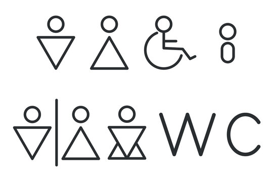 Toilet line icon set. WC sign. Men,women,mother with baby and handicap symbol. Restroom for male, female, transgender, disabled. Vector graphics.