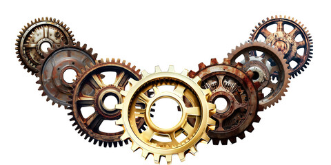 Set of vintage gears. One gear is highlighted in gold. . Generative AI technology - obrazy, fototapety, plakaty