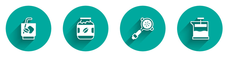 Set Espresso tonic coffee, Coffee jar bottle, filter holder and French icon with long shadow. Vector