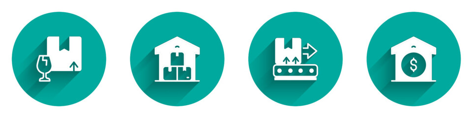 Set Package box with fragile content, Full warehouse, Conveyor belt and Warehouse price icon with long shadow. Vector