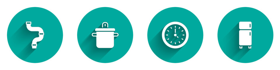 Set Industry metallic pipe, Cooking pot, Clock and Refrigerator icon with long shadow. Vector