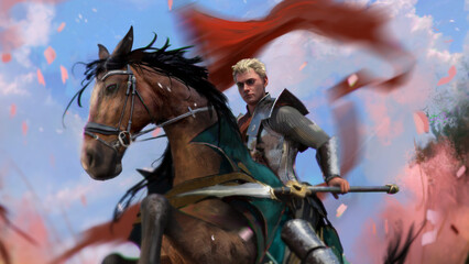 Fototapeta na wymiar The handsome blond prince is a fantastic warrior in steel armor riding a brown horse galloping across the battlefield, in his hands he holds a red flag fluttering in the wind and a sharp spear.2d art