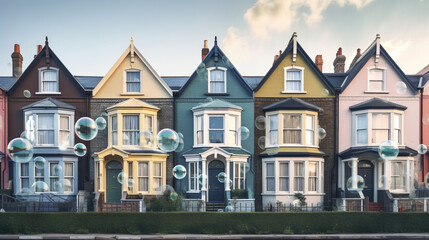 Fototapeta premium Houses with floating bubbles. Housing bubble concept. Generative ai