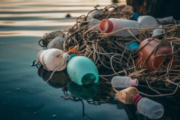 Plastic Pollution in Sea Water Environmental Disaster.  Ai generated