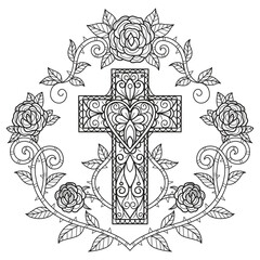 Cross and rose hand drawn for adult coloring book