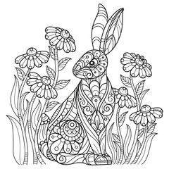 Rabbit and flower garden hand drawn for adult coloring book