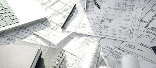 Architects concept, engineer architect designer freelance work on start-up project drawing,...