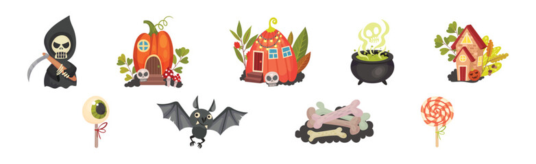 Halloween with Creepy Death, Bat, Bones, Cauldron, Pumpkin House and Eye Candy Vector Set