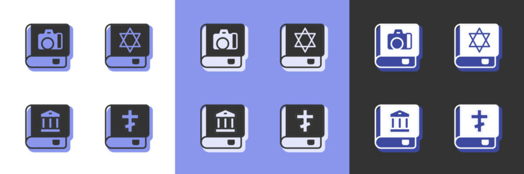 Set Holy bible book, Photo album gallery, Law and Jewish torah icon. Vector
