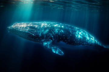 Blue Whale, Majestic Creature of the Ocean, swimming in the ocean with sun rays shining through the water. Ai generated