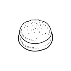 Tasty delicious fresh burger bun with sesame in black isolated on white background. Hand drawn vector sketch illustration in doodle engraved vintage style. Cheeseburger, ingredient, bakery.