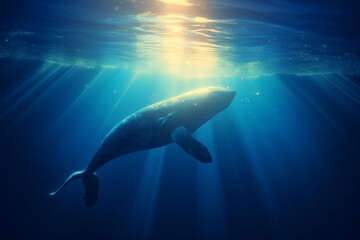 Fototapeta premium Blue Whale, Majestic Creature of the Ocean, swimming in the ocean with sun rays shining through the water. Ai generated