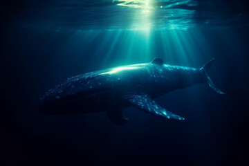 Fototapeta premium Blue Whale, Majestic Creature of the Ocean, swimming in the ocean with sun rays shining through the water. Ai generated