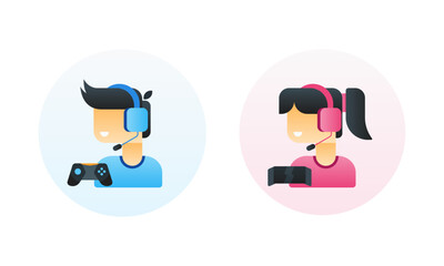 boy and girl gamer full set with headphone, microphone, and joy stick with a round, tech support people with headset. Online technology for game, cyber sport, hobby, modern vector illustration flat
