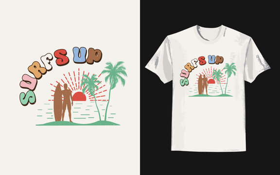 Vintage summer t-shirt with surfs up the slogan.
Trendy groovy print design for posters, stickers, cards, and t-shirts. Vector illustration in style retro 70s, 80s design
