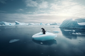 Global Warming Concept with Penguin on a Stranded Melting Iceberg emphasizing the danger of Global Warming. Ai generated