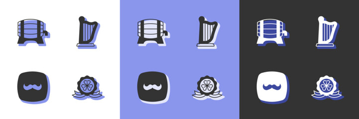 Set Medal with clover, Wooden barrel on rack, Mustache and Harp icon. Vector