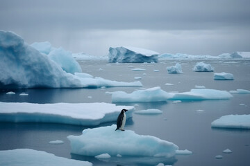 Fototapeta na wymiar Global Warming Concept with Penguin on a Stranded Melting Iceberg emphasizing the danger of Global Warming. Ai generated