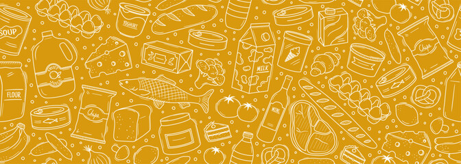 Seamless vector banner with hand drawn supermarket products illustrations. Background with doodle food sketches. Concept for grocery delivery and shopping. Cooking ingredients pattern