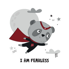 Superhero Panda animal character wearing comic costume, hand drawn style vector illustration. Scandinavian 
design with neutral color pallet. Best to use for print & as an Ad banners on social media