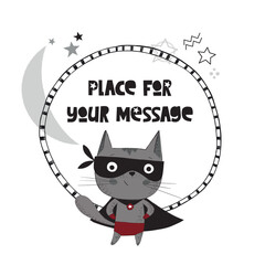 Superhero Cat animal character wearing comic costume, hand drawn style vector illustration. Scandinavian 
design with neutral color pallet. Best to use for print & as an Ad banners on social media