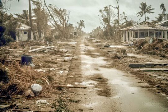 Devastation after a massive cyclone. The aftermath of a powerful cyclone with debris scattered across the streets of a coastal town. Generative AI.