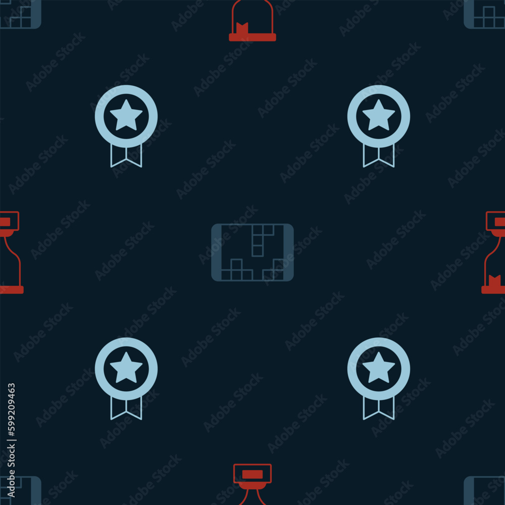 Poster set award cup, portable video game console and game rating with medal on seamless pattern. vector